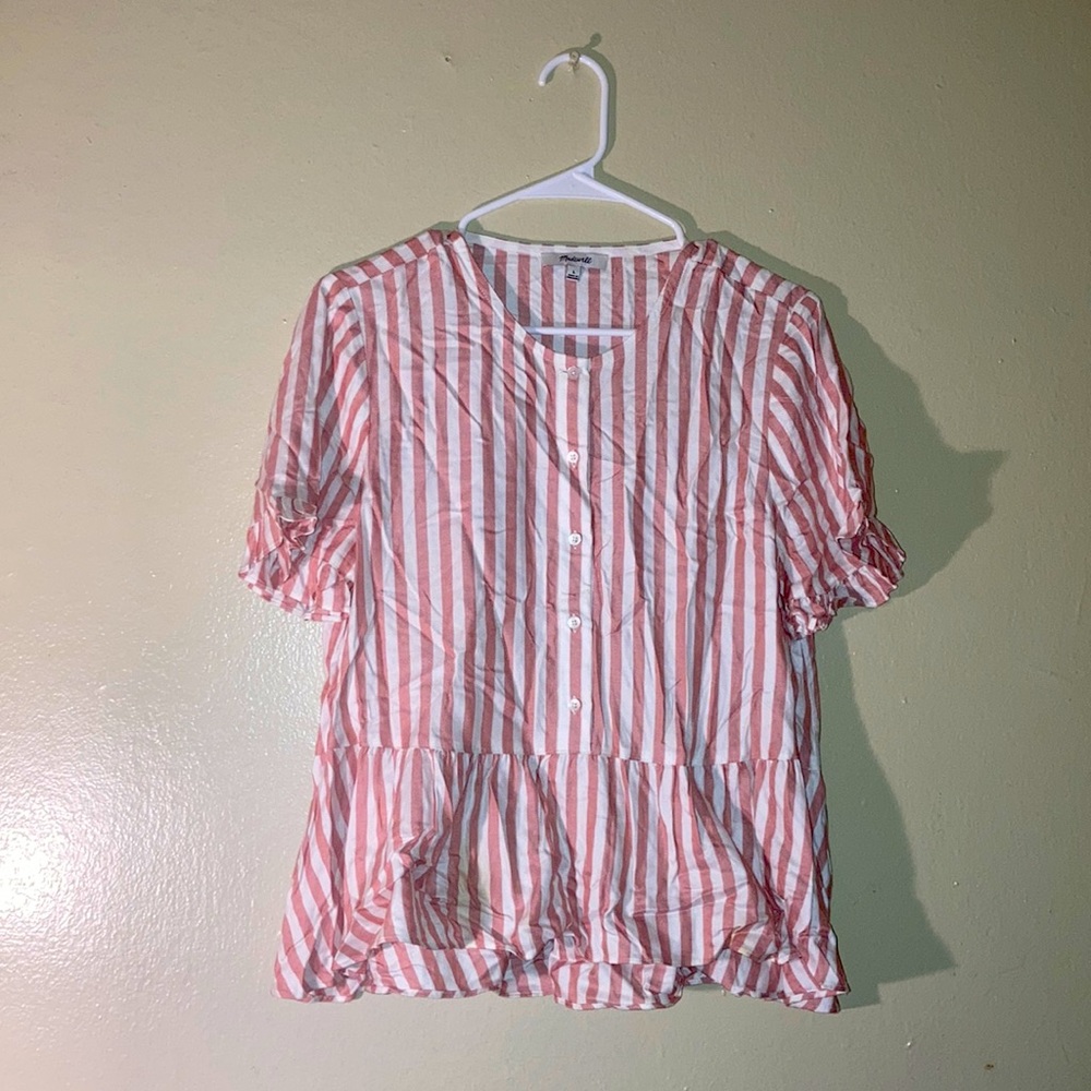 Madewell Button Up Babydoll Ruffle Pink & White Striped Blouse Women Size L